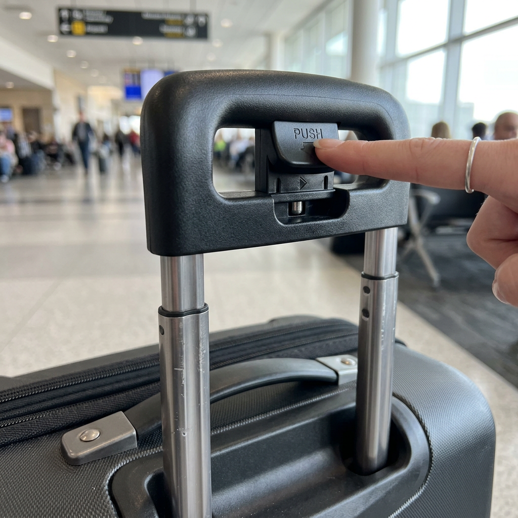 Finger pressing push button on suitcase handle at airport